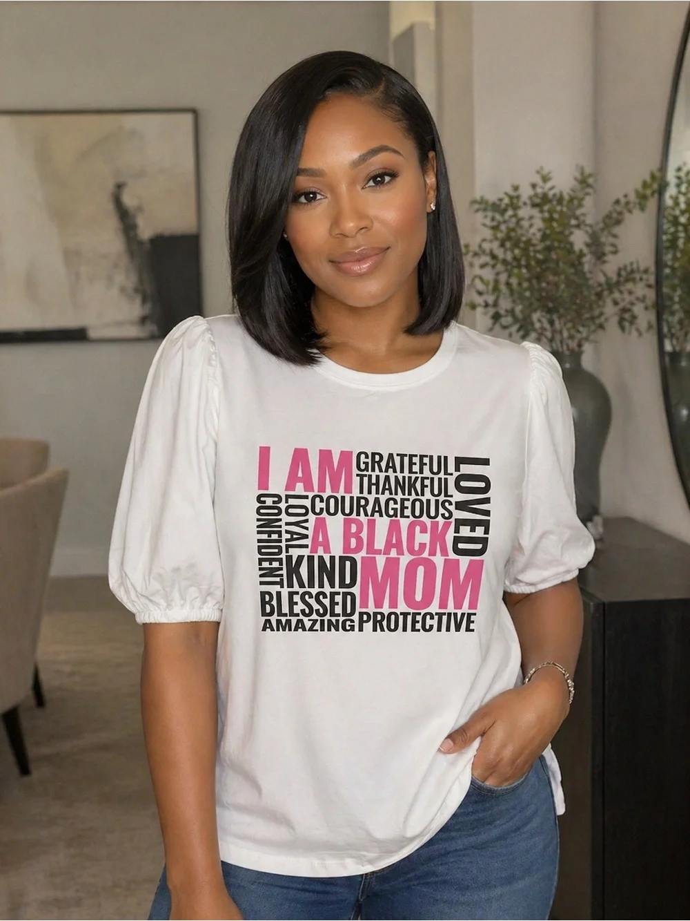I AM A BLACK MOM White Graphic Puff-Sleeve Tee with Pink & Black Text - Picture 8 of 8